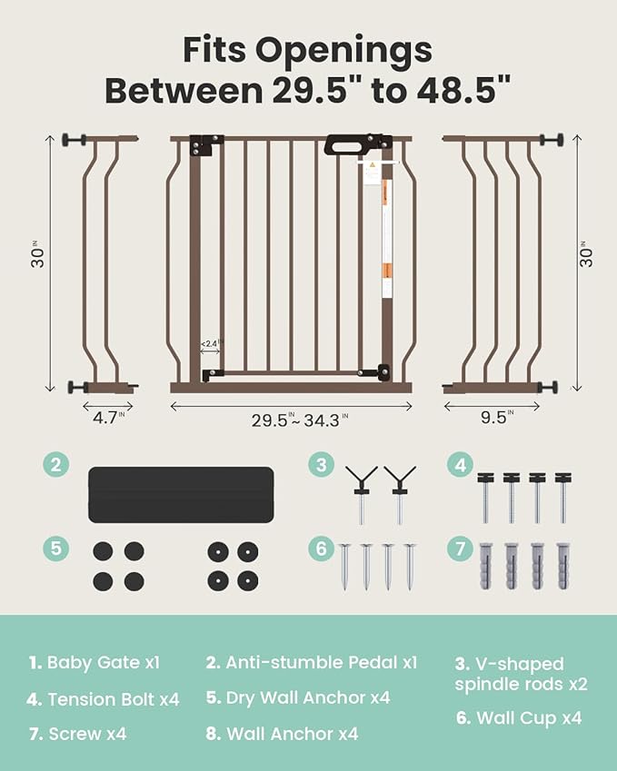 Mom's Choice-GROWNSY Baby Gate for Stairs, 30.5"-48.4" Pressure Mounted Baby Gate for Top of Stair&Doorway with V-Shaped Rods, Anti-Trip Pedal,Wide Stairs Dog Gate Easy Install w/Red Reminder,Brown