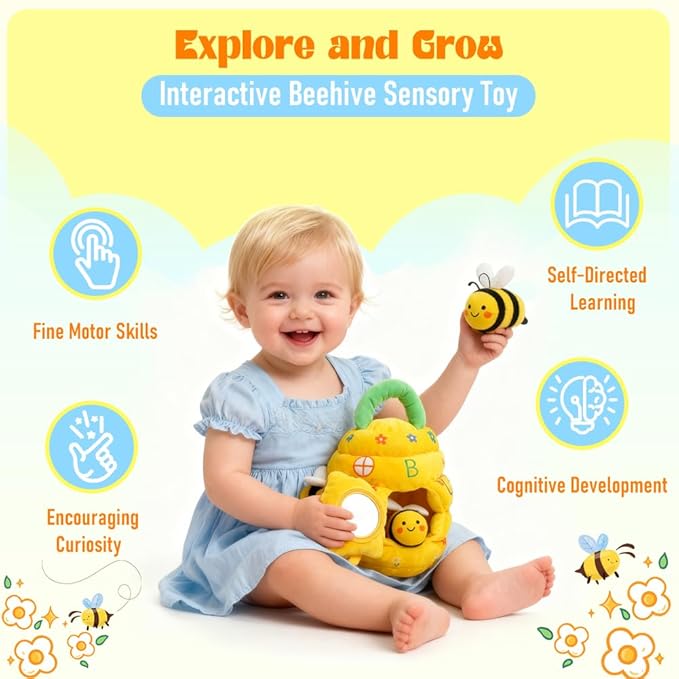 Baby Toys 6-12 Months, Beehive Montessori Toys for 1 Year Old with 5 Sensory Bees Stuffed Animals, Crinkle, Rattles, Squeaker, Jingle Bells, Mirror, Infant Toy Birthday Christmas Gift