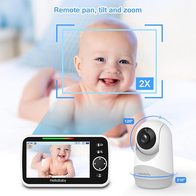 HelloBaby Monitor with Camera and Audio, 5'' Screen with 16-Hour Video Streaming, Remote Pan-Tilt-Zoom Camera, Two-Way Talk, VOX Mode, Auto-Night Vision, Range up to 960ft and No WiFi