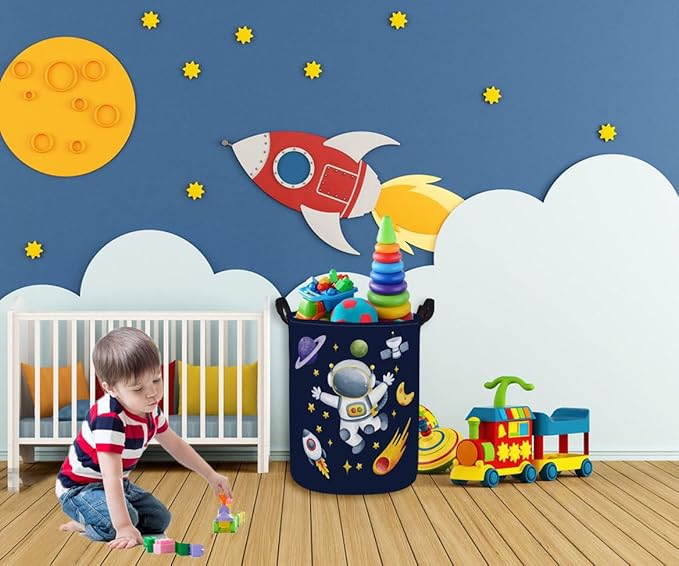 ESSME Kids Laundry Basket,Space Hamper Collapsible Canvas Waterproof Storage Bin for Boys, Nursery Hamper,Gift Baskets,toy bins(Astronaut)