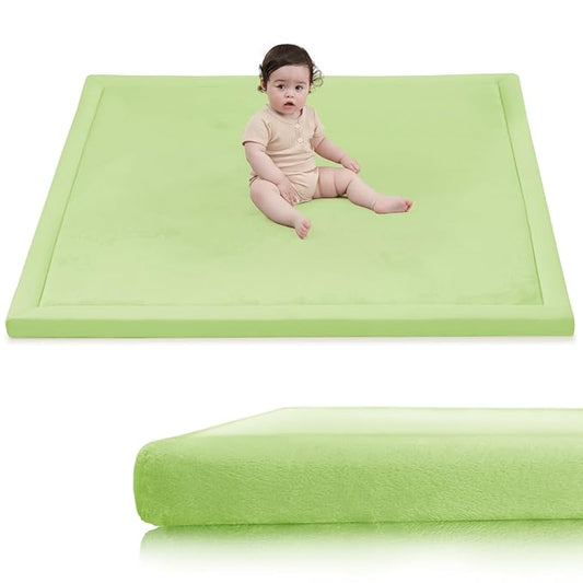 Huloo Sleep Baby Play Mat for Floor,1.3"Thick Elasti-Foam 50x50 Playpen Mat for Toddlers Infant kids,Water-Repellent Soft Velvet for Tummy Time,Non-Slip Backing for Crawling,Tatami Style(Light Green)