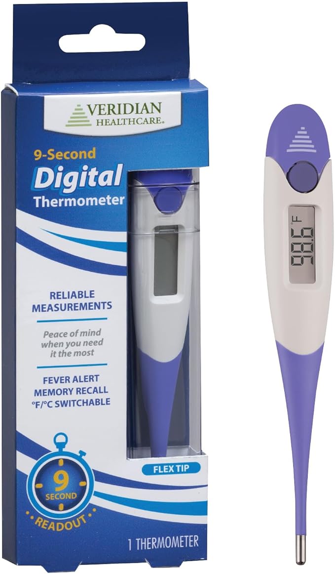 Veridian Digital Thermometer | 9-Second Readout | F C Temperature Modes| Flexible Tip | Hygienic Water-Resistant Easy Cleaning | Storage Case + Instructions Included