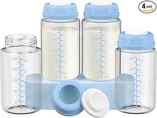 4 Pack 10oz Wide-mouth Breastmilk Storage Bottle for Momcozy 22oz Portable Breast Milk Cooler, Pumping Storage Containers Compatible with Spectra S1/S2/9 Plus/SG/Motif Luna (4PC/Blue Lids)