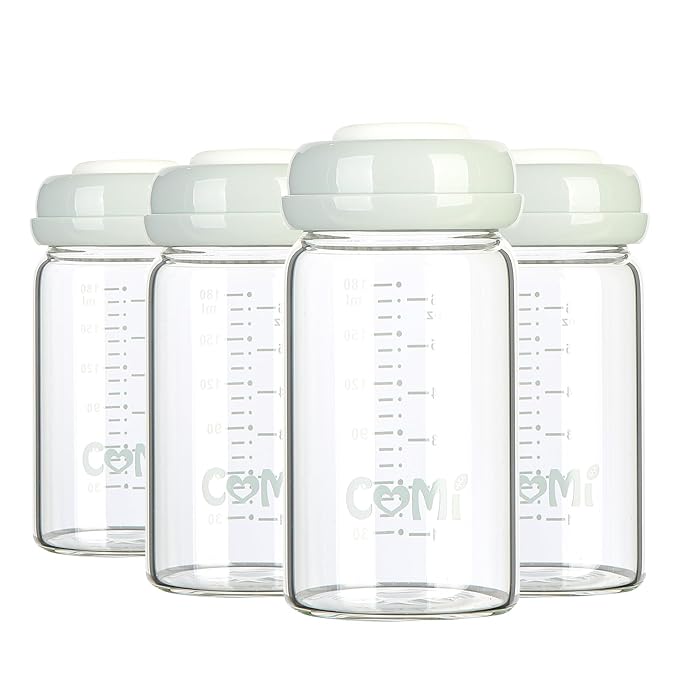 COMI Wide Neck Glass Breastmilk Collection n Storage Bottle, 4 Packs, 6oz with Screw Ring Sealing Disk; Re-markable Sealing Disc. BPA Free, Fits Breast Pumps & Nipples (4 Gray Lids) | Wide Neck, 4 Packs, BPA Free