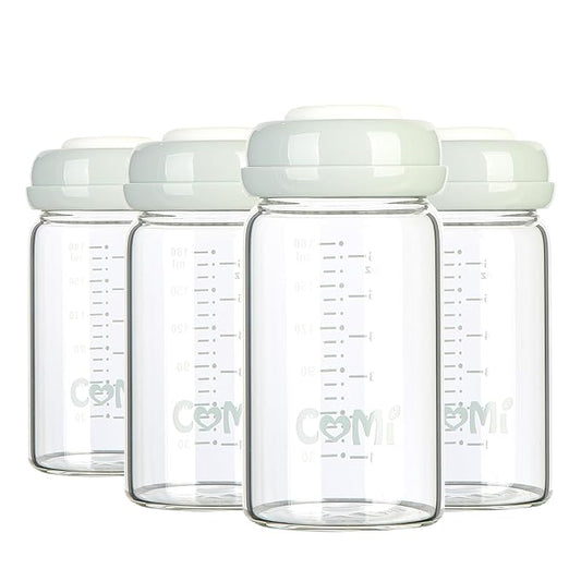 COMI Wide Neck Glass Breastmilk Collection n Storage Bottle, 4 Packs, 6oz with Screw Ring Sealing Disk; Re-markable Sealing Disc. BPA Free, Fits Breast Pumps & Nipples (4 Gray Lids) | Wide Neck, 4 Packs, BPA Free