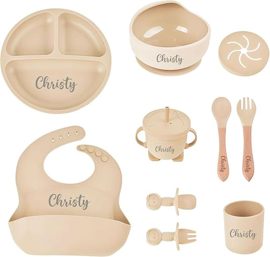 Personalized Silicone Baby Feeding Set with Name, Customized Baby Led Weaning Supplies Self Feeding Eating Utensils with Spoon, Fork, Silicone Suction Bowls, Cup, Plate Off-white