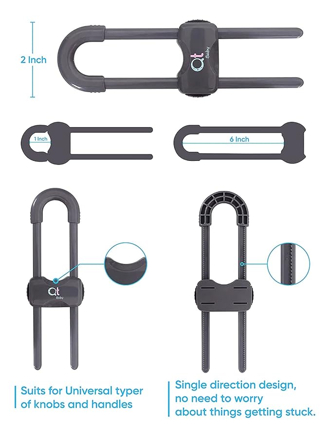 QT BABY Baby Proofing Cabinet Locks | Adjustable U Shaped Baby Safety Latches for Drawers, Fridge, Closet |Modern Baby Proofing Cabinet Lock with Extra Secure Lock Buttons (Pack of 4)