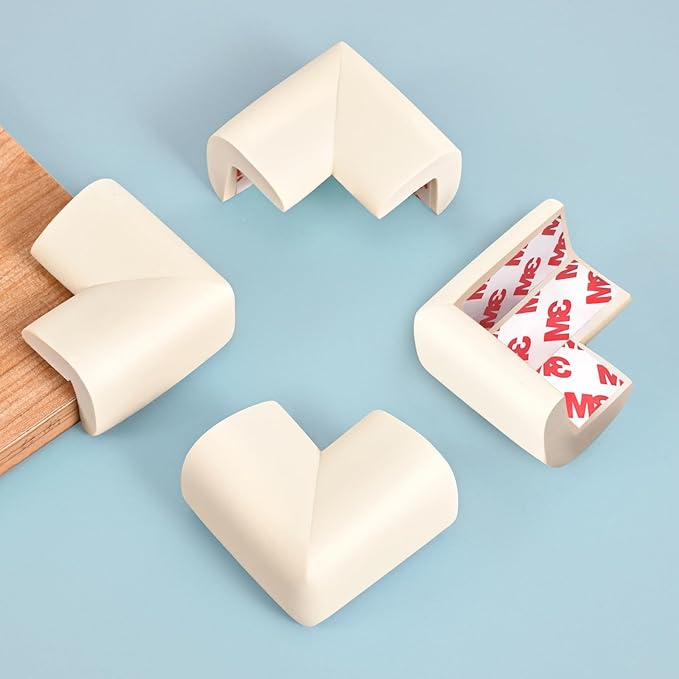 12 Pack Corner Protector Baby Proofing Edge and Corner Guards, Soft Safety Pre-Taped Rubber Foam Furniture Bumpers for Fireplace, Table, Stair, Cabinet (Off White)