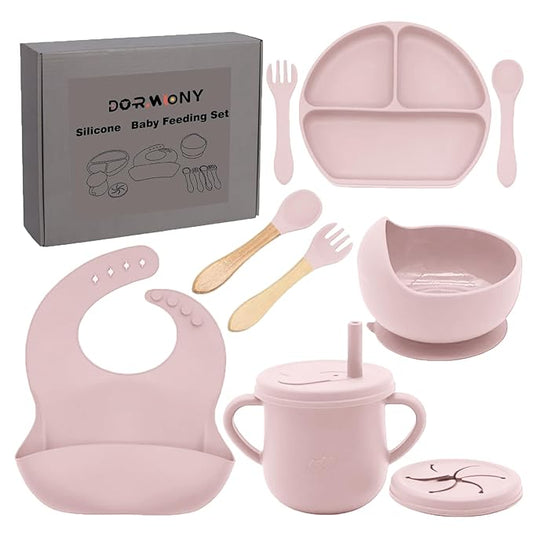 Dormlony 100% Silicone baby feeding set,BPA free Baby dishes set with Suction Bowl Divided Plate,Toddler Self Feeding Dish Set with Spoons Forks Sippy Cup And Bib, Baby Eating Utensils (Lilac)