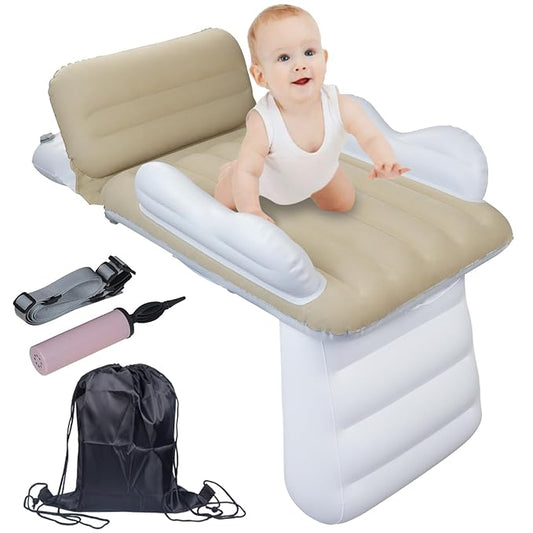 Sunlisky Inflatable-Toddler-Travel-Bed for Airplane Car Seat Portable Foldable Infant Travel Bed Baby Travel Crib with Sides,Hand Pump Safety Belt and Carry Bag Sets (Beige)