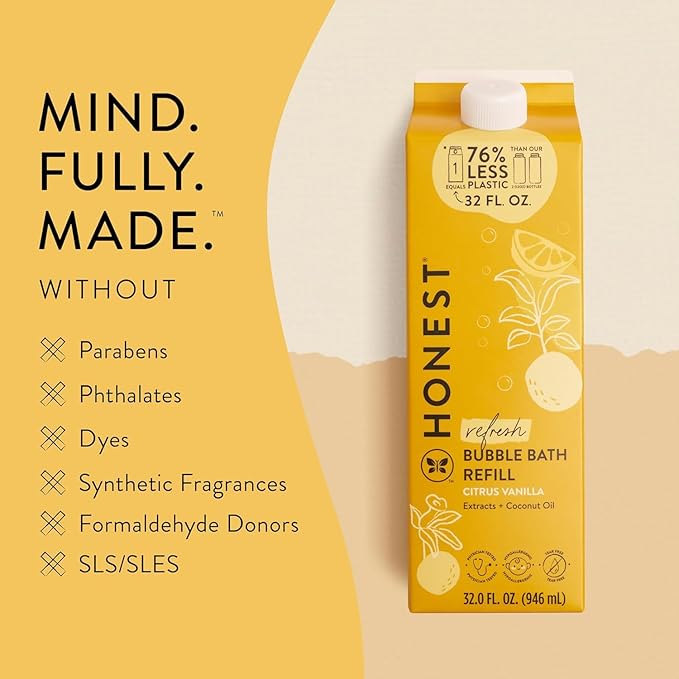 The Honest Company Foaming Bubble Bath Refill Carton, Gentle for Baby, Naturally Derived, Tear-Free, Hypoallergenic, Citrus Vanilla Refresh, 32 fl oz