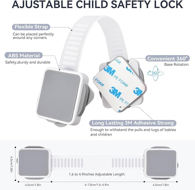 2 Pack Child Safety Cabinet Locks for Baby Proofing, Length Adjustable Latch Straps Dual Button Design for Drawers Fridge Refrigerator Doors Toilet Seat Oven