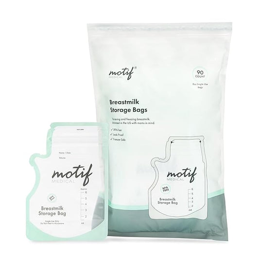 Motif Medical Breastmilk Storage Bags - Freezer Bag w/Easy Pour Spout, Write-On Label - Leak-Proof Double Zipper Milk Bags for Breastmilk - Ideal Breastfeeding Mom Gifts (6 oz, 90 Count)