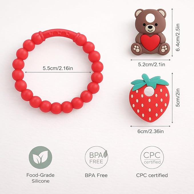 Valentine’s Baby Teething Toys, Teddy Bear & Strawberry Silicone Teether for 3–12 Months, Textured Sensory Chewing Ring for Infants & Toddlers, Baby’s First Valentine’s Day Gift for Boys and Girls