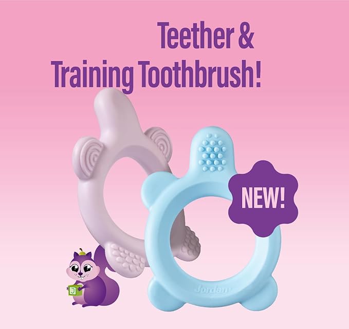 Jordan* ® | Step 0 Teether & Training Toothbrush | BPA-Free, Hygienic, 2-in-1 Teething & Early Brushing Solution for Babies | Pink | 1 Teether + 2 Step 1 Baby Toothbrush