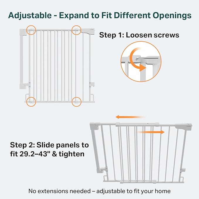 Cumbor 2 Pack 29.2-43" No Bottom Bar Baby Gate for Stairs, 2-in-1 Auto Close Dog Gate Indoor, Hardware Mounted Pet Gate for Doorways with Large Walk Thru Door, Child-Proof Safety Gate for Kids (White)