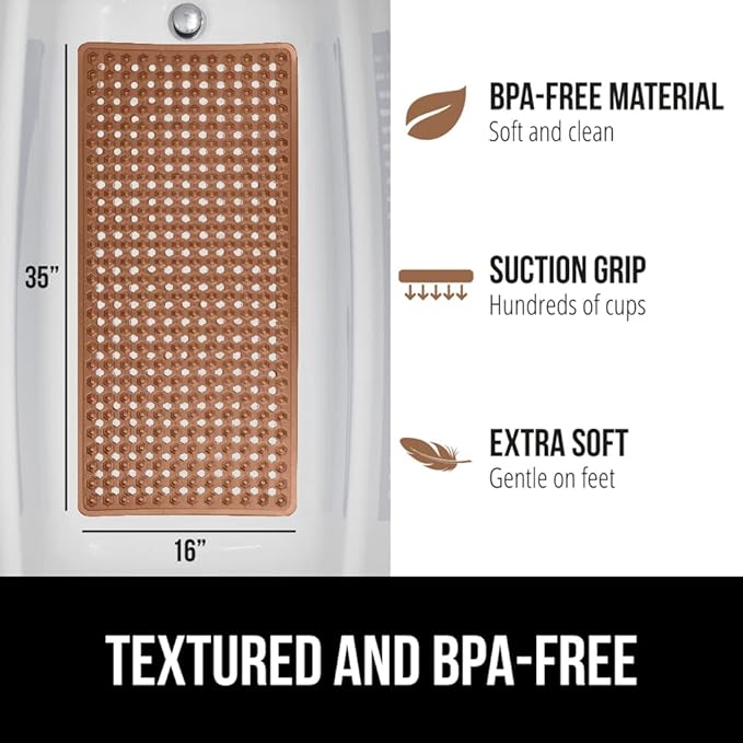 GORILLA GRIP Patented Bath Tub Shower Mat, Machine Washable Bathtub Floor Liner Mats, Suction Cups and Drain Holes to Keep Tubs Clean, Soft on Feet, Bathroom Essentials, 35x16 Inch, Brown