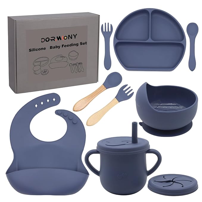 Dormlony 100% Silicone Baby Feeding Set, BPA Free Baby Dishes with Suction Bowl, Divided Plate, Toddler Self Feeding Dish Set with Spoons, Forks, Sippy Cup and Bib, Baby Eating Utensils (Navy Blue)