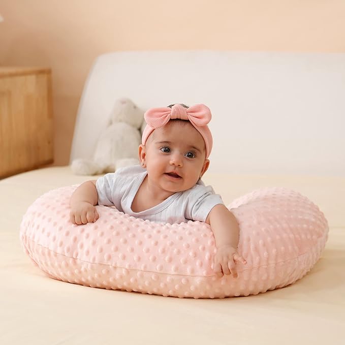 QUENESS Nursing Pillow and Positioner, Breastfeeding, Bottle Feeding, Baby Sitting Support with Removable Ultra Soft Cover, Tummy Time Support for Baby Boys and Girls (Lightpink)