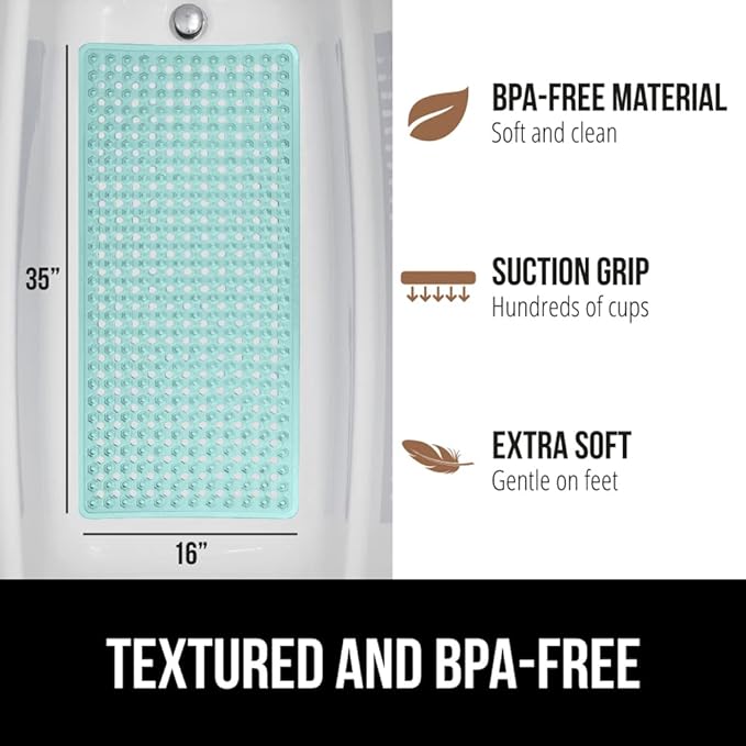 GORILLA GRIP Patented Bath Tub Shower Mat, Machine Washable Bathtub Floor Liner Mats, Suction Cups and Drain Holes to Keep Tubs Clean, Soft on Feet, Bathroom Essentials, 35x16 Inch, Clear Green