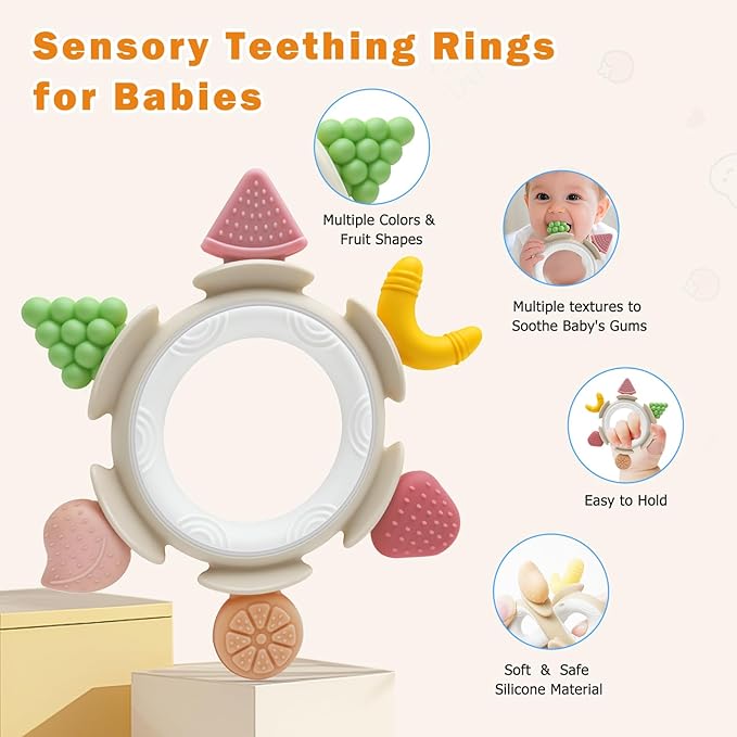 Baby Teething Ring Toy for 3-6-12 Months, Silicone Infant Teether for Sore Gum Relief, Soothing Sensory Chew Toy, Ideal Newborn Gift for Boys Girls Baby Shower, Birthday or Christmas, Brown