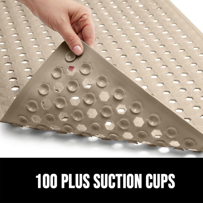 GORILLA GRIP Patented Square Shower Stall Mat, Small Bathtub Floor Mats for Stand Up Showers, Suction Cups and Drainage Holes, Machine Wash, Soft on Feet, Bathroom Accessories 21x21 Inch, Beige Opaque