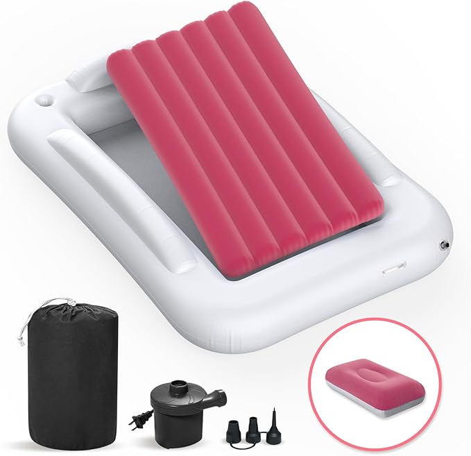 Deeteck Inflatable Toddler Travel Bed - 60 Inches Portable Toddler Bed for Travel with Safety Sides - Cozy Kids Air Mattress Set with High-Speed Pump & Carry Case - Lightweight & Easy to Inflate(Pink)