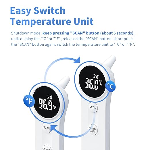 Boncare Ear and Forehead Thermometer, 2X Accuracy Infrared Digital Thermometer for Adults and Kids, 1 Second Reading, No Touch Baby with Fever Alarm