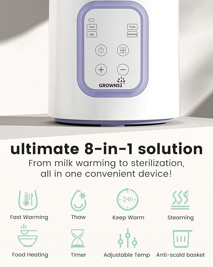 Grownsy Bottle Warmer, 8-in-1 Fast Baby Bottle Warmer for Breastmilk or Formula, Smart Temperature Control and Automatic Shut-Off Milk Warmer, Baby Essentials for Newborn- Purple