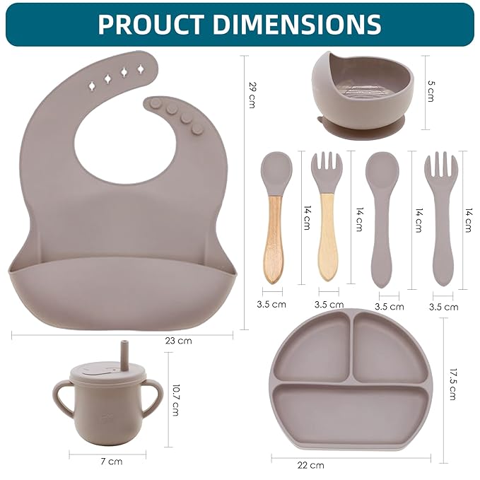 Dormlony 100% Silicone Baby Feeding Set, BPA Free, 9 Pcs: Suction Bowl, Divided Plate, Toddler Self Feeding Dish Set with Spoons, Forks, Sippy Cup, Bib, Beige