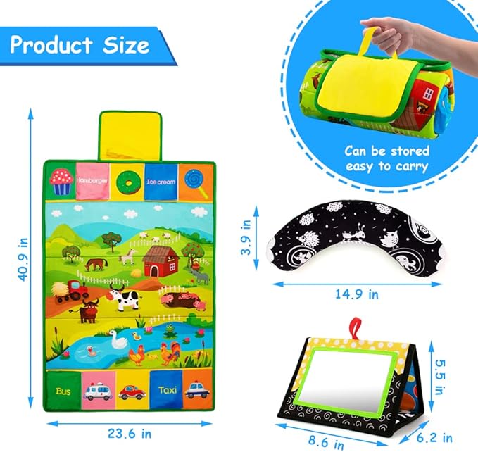 Tummy Time Mirror & Play Mat & Pillow 3-in-1, High Contrast Black and White Baby Toys, Activity Mat for Early Education, Newborn Infant Tummy Time Toy Set for 0 3 6 12 Month Crinkle/Squeake