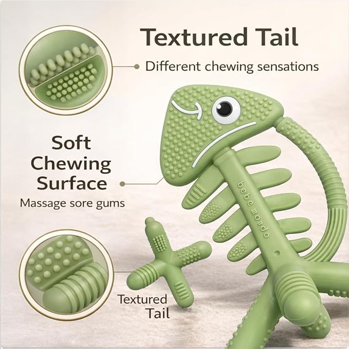 3 in 1 Infant Toys, Baby Teething Toys 3–6 6–12 Months, Teethers for Babies 0–3–6–12 Months for Teething Relief, Baby Gift, Baby Teether Toys, Silicone Sensory Toys, USA Patent Pending, Fish (Olive)