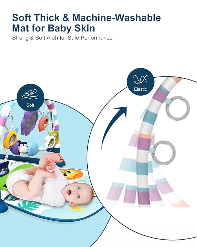 dearlomum Baby Play Mat Gym, Funny Play Piano Tummy Time Activity Mat with 5 Infant Sensory Toys, Music and Lights, Boy & Girl Gifts for Newborns 0 to 3 6 9 12 Months（New Blue）