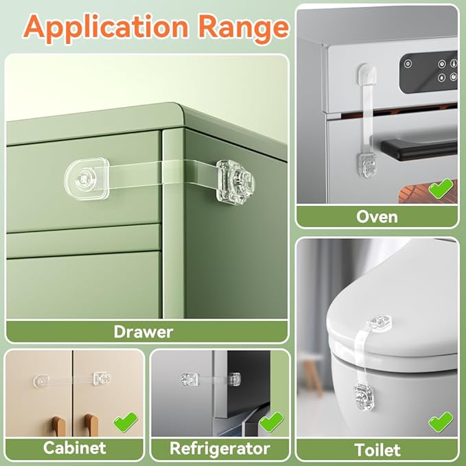 SAFELON 2 Pcs Transparent Child Proof Cabinet Locks Baby Safety Drawer Strap Locks, Baby Security Multi-Function Lock for Drawers, Fridges, Toilets, Cupboards, Cabinets (Clear)