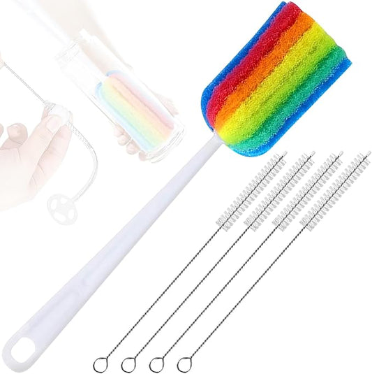 Bottle Brush with Straw 4PCS Sponge Cleaning Long Handle Scouring Pad Scrub for Kitchen Clean Baby Bottle Glasses Mugs Cups (1PCS+Straw Brush 4PCS)