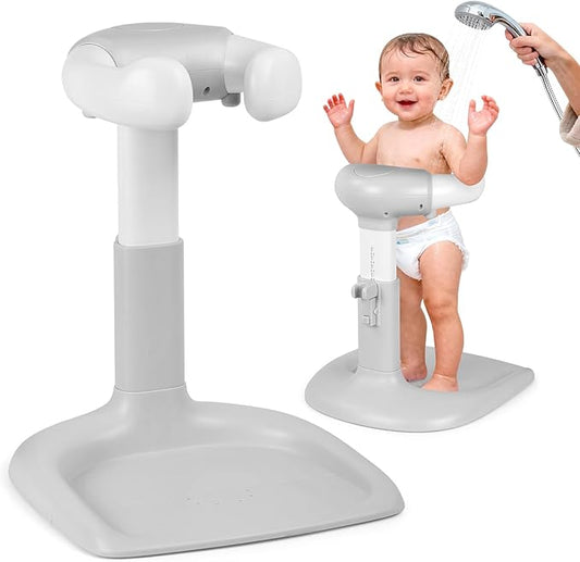 DORABALIY Baby Shower Standing Support with Anti-Slip Base and Shower Head Holder, Adjustable Height/Width Baby Bath Stand, Easy to Install and Use Toddler Stand Up Shower Rack for 6-36 Months, Gray