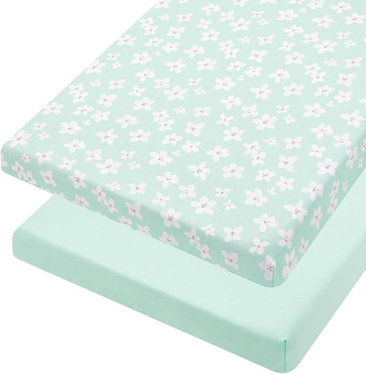 TILLYOU Mini Crib Fitted Sheets - Soft Knit Sheet for Pack N Play, Microfiber Mini Crib Sheets, Playpen Bedding Sheet for Baby 2 Pack, Machine Washable, 38'' x 24'', Fresh Flowers and Light Green