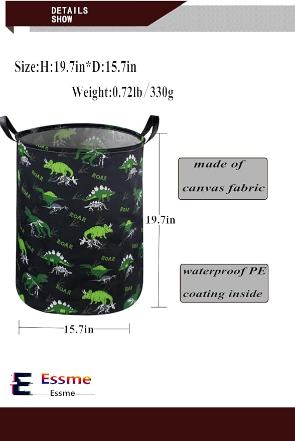 ESSME Kids Hamper,Dinosaur Laundry Hamper Collapsible Canvas Dinosaur Storage Basket for Boys Room Decor, Nursery Hamper,Gift Baskets,Home Organizer(Dinosaur laundry hamper)