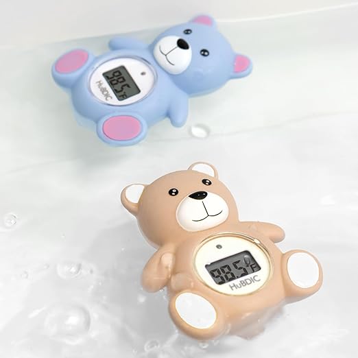 HubiBaby Baby Bath Thermometer & Digital Room Temperature, 2in1 Kids Bathroom Safety Products with Temperature Warning, Floating Teddy Bear (Khaki)