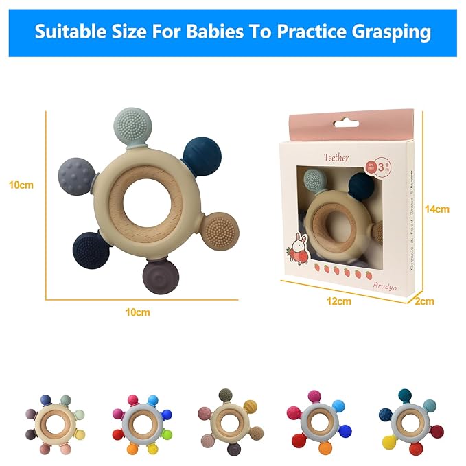 Arudyo Baby Teething Toys Silicone Teethers BPA Free Silicone Rudder with Wooden Ring Soothe Babies Gums (Gray)