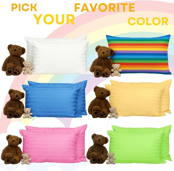 kinder Fluff Kids Pillow (2-Pack) 16x24in - Youth Pillows for Kids Age 7+, 100% Cotton Sateen Stripes 300T, Down Alternative Fill, Machine Washable - Children, Decor & Travel Cushion - Rainbow - L