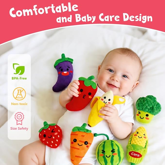 Play Food for Toddlers 1-3, Play Food Set for Kids Plush Fruits Vegetables Basket Color Sorting Rattle, Squeaker & Crinkle Baby Sensory Toys Birthday Stocking Stuffers Gifts for Christmas 20PCS