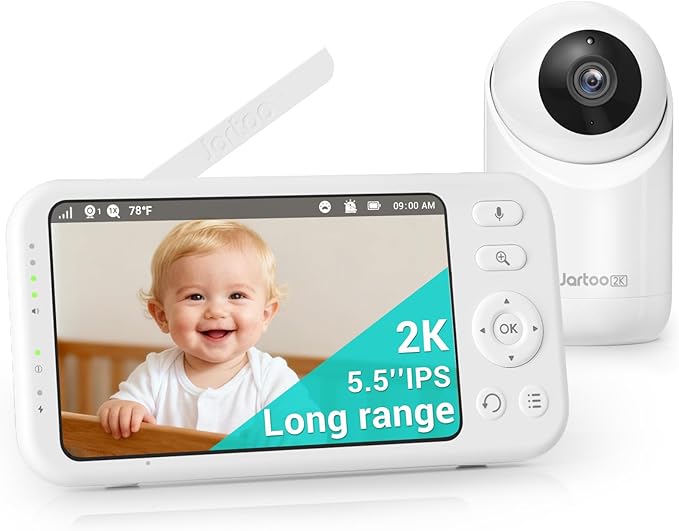 Jartoo 2K 5.5" Video Baby Monitor with Camera and Audio,AI Cry Detect 1860ft Long Range Baby Monitor No WiFi Baby Camera Wireless,Clear Night Vision,ANC, 2-Way Talk,White Noise,6000mAh [2025 New]