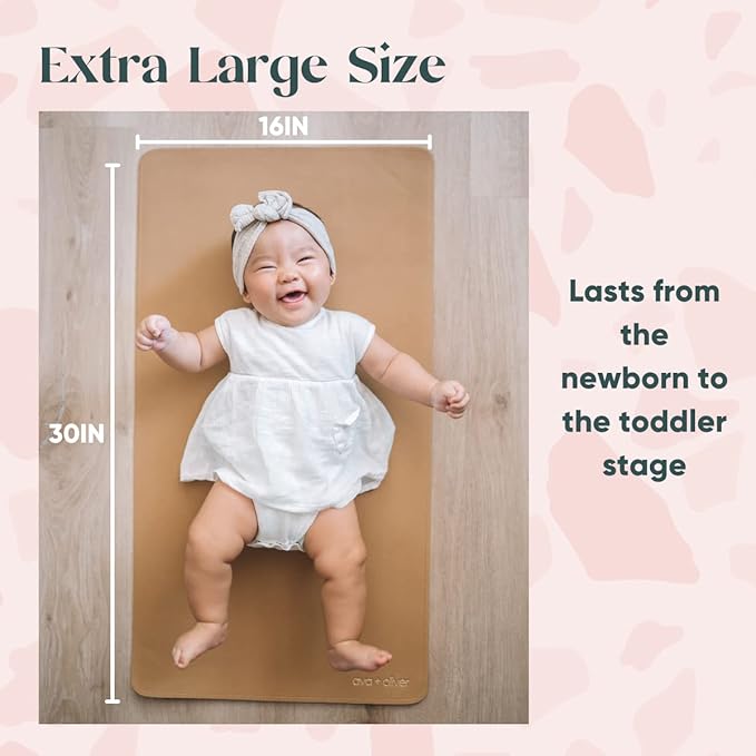 Ava + Oliver Vegan Leather Baby Changing Mat (16 X 30 in) - Multipurpose Wipeable and Portable Diaper Mat - Foldable for Travel (Tan Scallop)