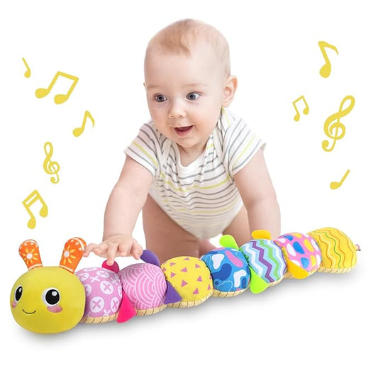 KMUYSL Baby Toys 0-12 Months, Musical Animal Stuffed Toy with Crinkle, Rattles & Lullaby, Plush Toy for Infant Newborn, Yellow Fabric Cotton