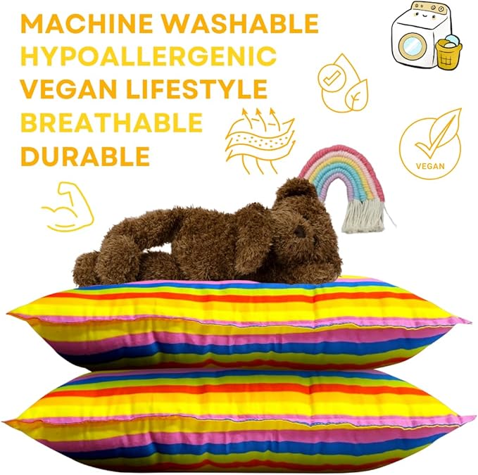 kinder Fluff Kids Pillow (2-Pack) 16x24in - Youth Pillows for Kids Age 7+, 100% Cotton Sateen Stripes 300T, Down Alternative Fill, Machine Washable - Children, Decor & Travel Cushion - Rainbow - L