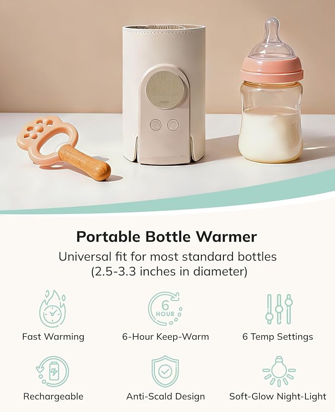 Umimile Portable Bottle Warmer for Travel – Heats The Bottle Directly—No Pouring, Fast Heating Baby Bottle Warmer on The Go, 6 Temp Settings & Auto Keep-Warm,Fits 2.5-3.3in Bottles (White)