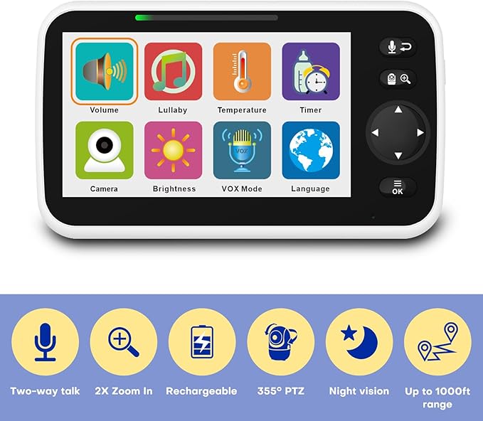 Baby Monitor with Camera and Audio, 5'' Screen Baby Monitors No WiFi, 30-Hour Battery, Remote Pan-Tilt-Zoom Video Baby Monitor, Night Vision,VOX,2-Way Talk, Temperature, 8 Lullabies and 1000ft Range