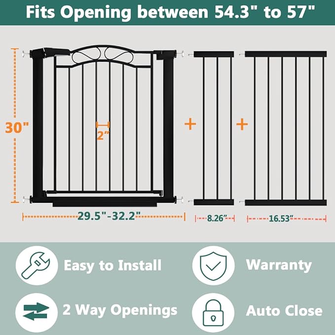 Fairy Baby 54.4"-57.0" Extra Wide Baby Gate with Door, 55 56 57 Inches Walk THR Baby Gates for Stairs Pressure Mounted no Drill, Indoor Tension Metal Child Pet Dog Safety Gate for Kids, Black