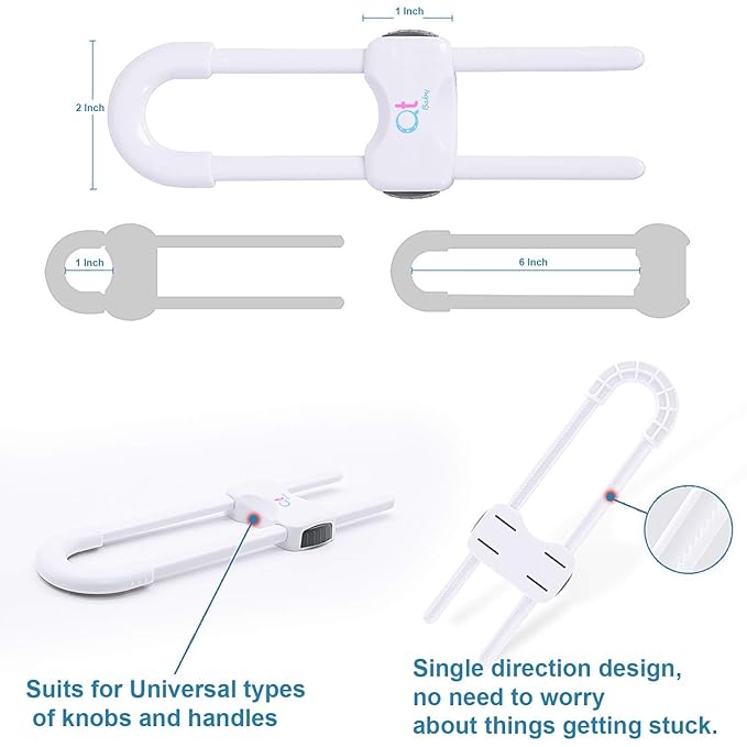 QT BABY Baby Proofing Cabinet Locks | Adjustable U Shaped Baby Safety Latches for Drawers, Fridge, Closet |Modern Baby Proofing Cabinet Lock with Extra Secure Lock Buttons (Pack of 4, White)
